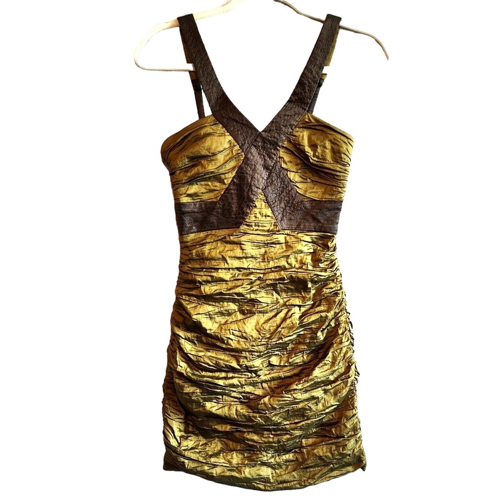 BCBG MaxAzria 90's‎ Simsom Ruched Taffeta Mini Dress Green Size 2